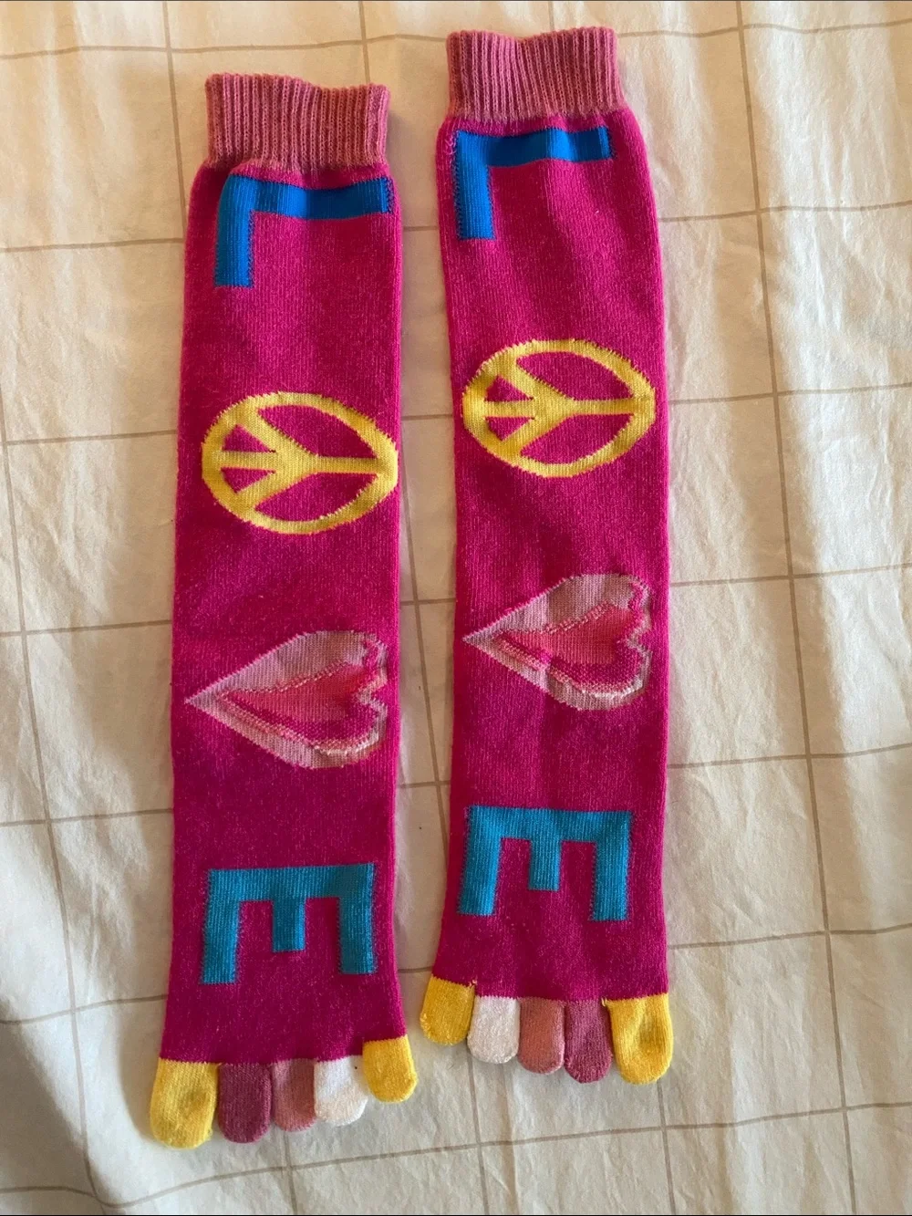 Pink Toe Socks with LOVE Peace & Heart Motifs